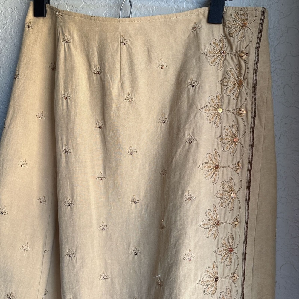 Vintage Womens 10 Silk Linen Midi Skirt Tan Embroidered Beaded Sequin A-Line - Picture 3 of 10